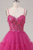 Fucsia brillante Línea A Corsé corto con cuentas florales Tirantes finos Vestido de bienvenida