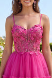 Fucsia brillante Línea A Corsé corto con cuentas florales Tirantes finos Vestido de bienvenida