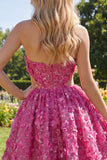 Vestido corto de bienvenida a casa corsé con cuentas con corte de línea fucsia brillante