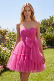 Fucsia Vestido corto de bienvenida fruncido con lazo en Fuchsia