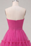 Fucsia Vestido corto de bienvenida fruncido con lazo en Fuchsia
