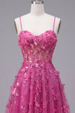 Una línea de vestido corto corsé con cuentas brillantes fucsia y florales de bienvenida