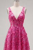Vestido de bienvenida a casa con cuentas florales fucsia brillante con cuentas alta y baja A