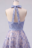 Vestido de bienvenida con un vestido de bienvenida corto, lazos gris azules brillantes con cuentas y lazos