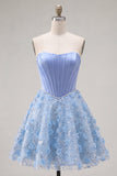Vestido corsé corto corsé floral con cuentas y filetes azul brillante Línea A