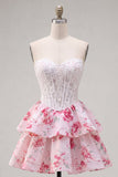 Vestido corto corto de bienvenida cortos de A Flor fucsia blanca sin tirantes A Line