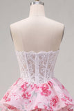 Vestido corto corto de bienvenida cortos de A Flor fucsia blanca sin tirantes A Line