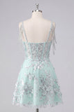 Vestido de Homecoming con corsé A-line de menta con aplique floral con escoces, con hombros descubiertos