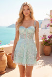Vestido de Homecoming con corsé A-line de menta con aplique floral con escoces, con hombros descubiertos