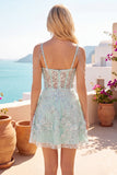 Vestido de Homecoming con corsé A-line de menta con aplique floral con escoces, con hombros descubiertos