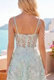 Vestido de Homecoming con corsé A-line de menta con aplique floral con escoces, con hombros descubiertos