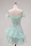 Vestido de bienvenida de corsé menta con lentejuelas y volantes de hombro descubierto