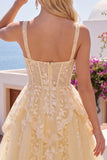 Corsé de escote en V amarillo mantequilla Línea A Vestido floral de bienvenida