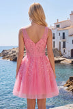 Vestido de Bienvenida a la Escuela Rosa A, floral de escote en pico y tul