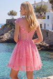 Vestido de bienvenida rosa fuerte floral en línea A con escote en V y tul transparente y mangas gordas