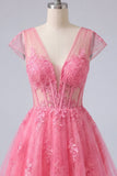 Vestido de bienvenida rosa fuerte floral en línea A con escote en V y tul transparente y mangas gordas
