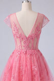 Vestido de bienvenida rosa fuerte floral en línea A con escote en V y tul transparente y mangas gordas