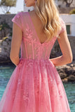 Vestido de bienvenida rosa fuerte floral en línea A con escote en V y tul transparente y mangas gordas