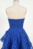 Vestido de bienvenida de fin de curso azul azul A-Line Floral con cuentas y corsé de cuentas