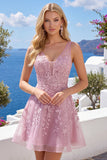 Vestido de bienvenida rosa rosa en V con escote en V y flores