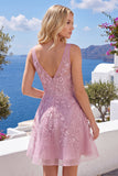 Vestido de bienvenida rosa rosa en V con escote en V y flores