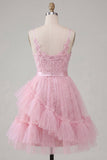 Vestido de bienvenida rosa rosa con tirantes finos y volantes