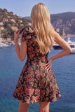 Vestido azul Jacquard de un solo hombro con flores de A-Line y lazo