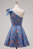 Vestido azul Jacquard de un solo hombro con flores de A-Line y lazo