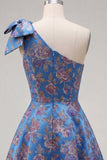 Vestido azul Jacquard de un solo hombro con flores de A-Line y lazo