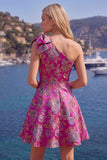 Vestido azul Jacquard de un solo hombro con flores de A-Line y lazo