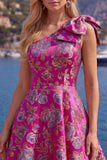 Vestido azul Jacquard de un solo hombro con flores de A-Line y lazo