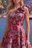 Vestido azul Jacquard de un solo hombro con flores de A-Line y lazo