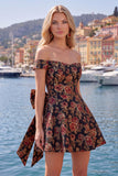 Vestido de bienvenida floral Jacquard negro de línea A con lazo
