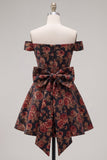 Vestido de bienvenida floral Jacquard negro de línea A con lazo