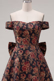 Vestido de bienvenida floral Jacquard negro de línea A con lazo