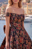Vestido de bienvenida floral Jacquard negro de línea A con lazo