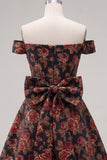 Vestido de bienvenida floral Jacquard negro de línea A con lazo