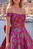 Vestido de bienvenida floral Jacquard negro de línea A con lazo