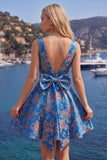 Vestido de bienvenida floral Jacquard rojo de cuello en V con lazo