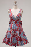 Vestido de bienvenida floral Jacquard rojo de cuello en V con lazo