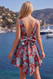 Vestido de bienvenida floral Jacquard rojo de cuello en V con lazo