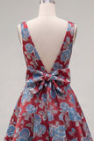 Vestido de bienvenida floral Jacquard rojo de cuello en V con lazo