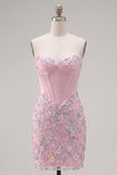 Vestido de bienvenida floral bodycon corsé rosa Sweetheart con aplicaciones