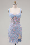 Vestido de Homecoming con corsé transparente azul con flor fruncido y apliques con abertura