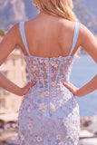 Vestido de Homecoming con corsé transparente azul con flor fruncido y apliques con abertura