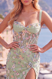 Vestido de Homecoming con corsé transparente azul con flor fruncido y apliques con abertura