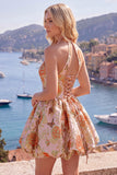 Vestido de bienvenida floral Jacquard de cuello en línea A en fucsia
