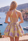 Vestido de bienvenida floral Jacquard de cuello en línea A en fucsia