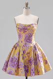 Vestido de bienvenida Jacquard con flores Jacquard amarillo sin tirantes y fruncidos