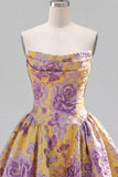 Vestido de bienvenida Jacquard con flores Jacquard amarillo sin tirantes y fruncidos